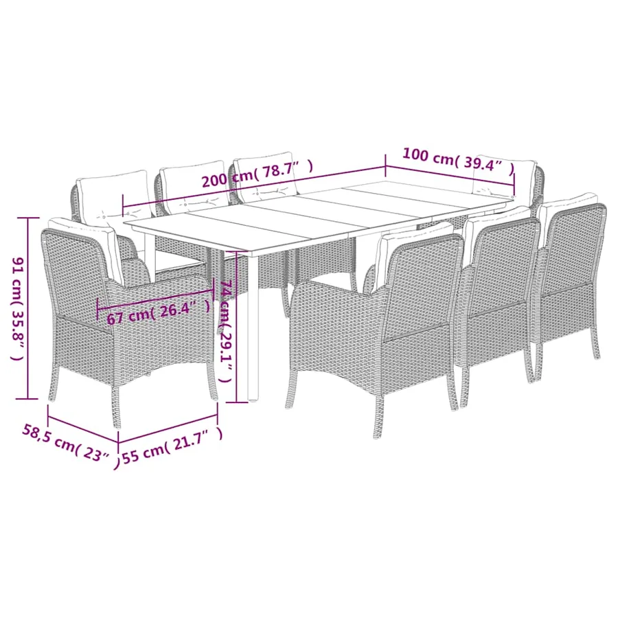 Ensemble à manger de jardin et coussins 9 pcs marron poly rotin - 7