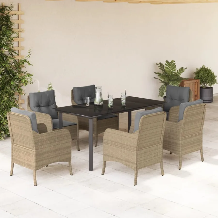 Ensemble à manger de jardin et coussins 7 pcs beige poly rotin