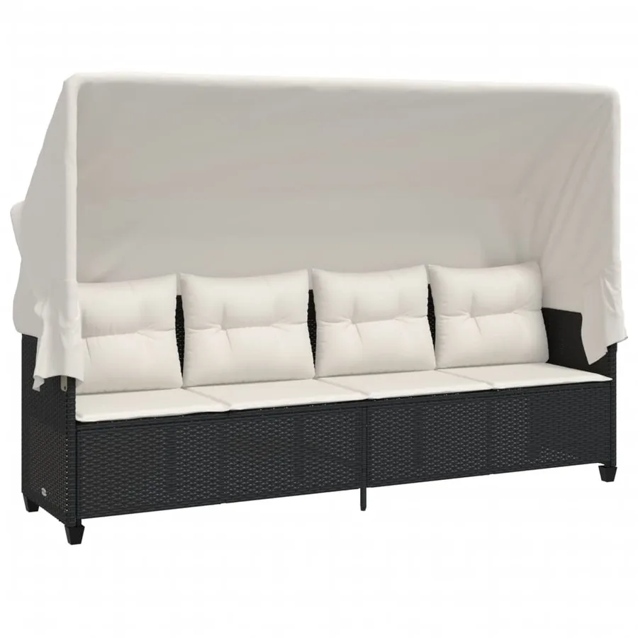 Chaise longue avec auvent et coussins noir résine tressée - 2