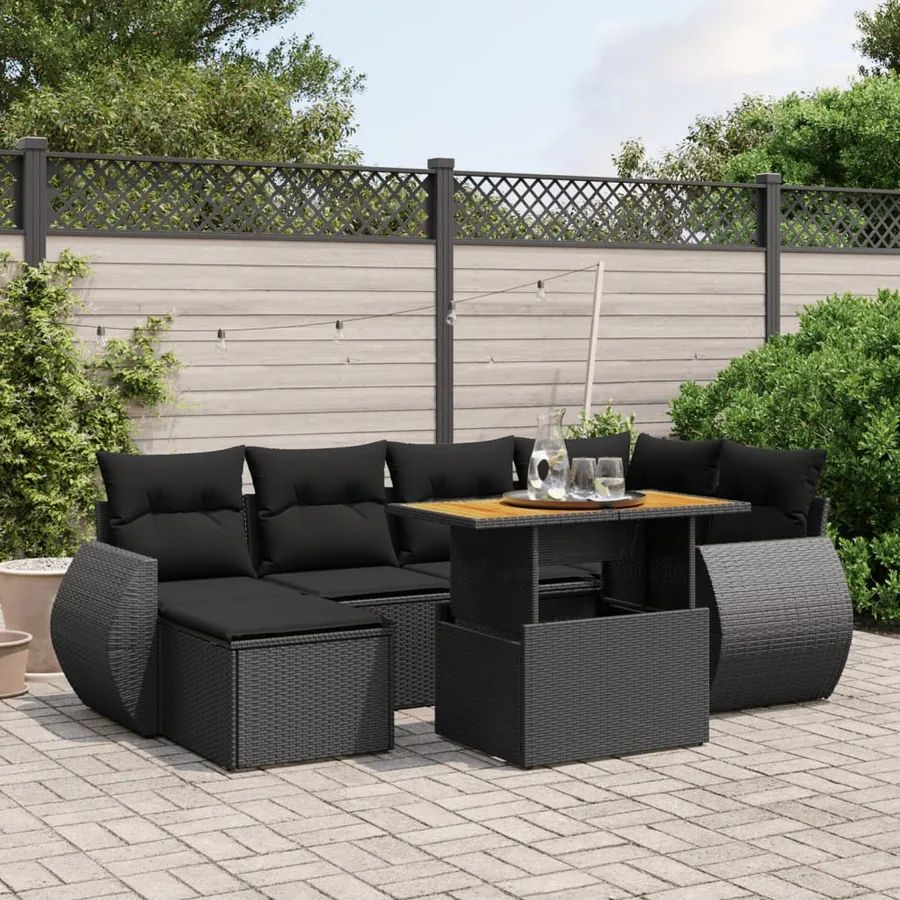 Salon de jardin 7 pcs avec coussins noir résine tressée 55 x 62 x 69 cm - 63,4 kg