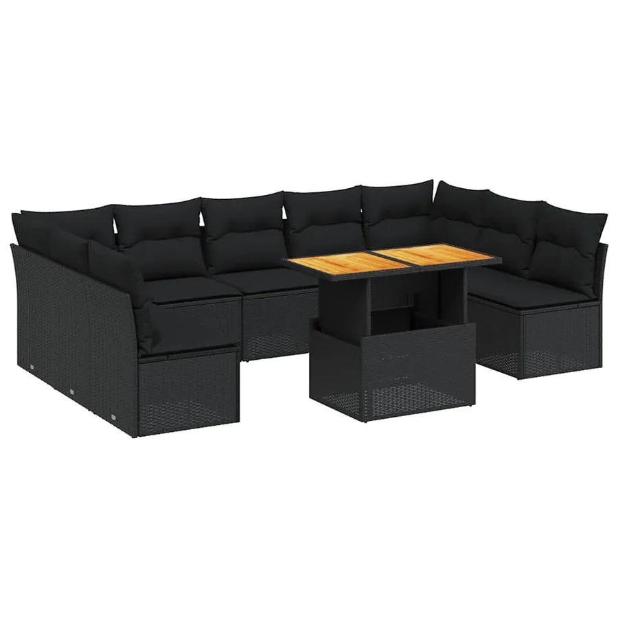Salon de jardin 10 pcs avec coussins noir résine tressée - 2