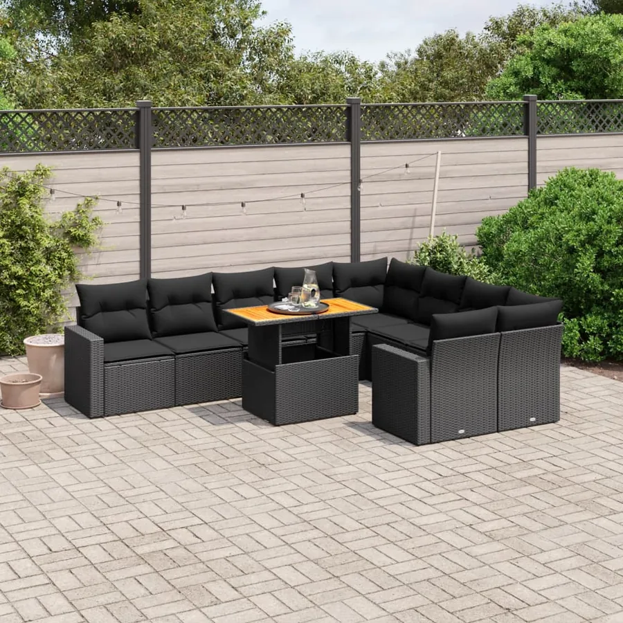 Salon de jardin 10 pcs avec coussins noir résine tressée