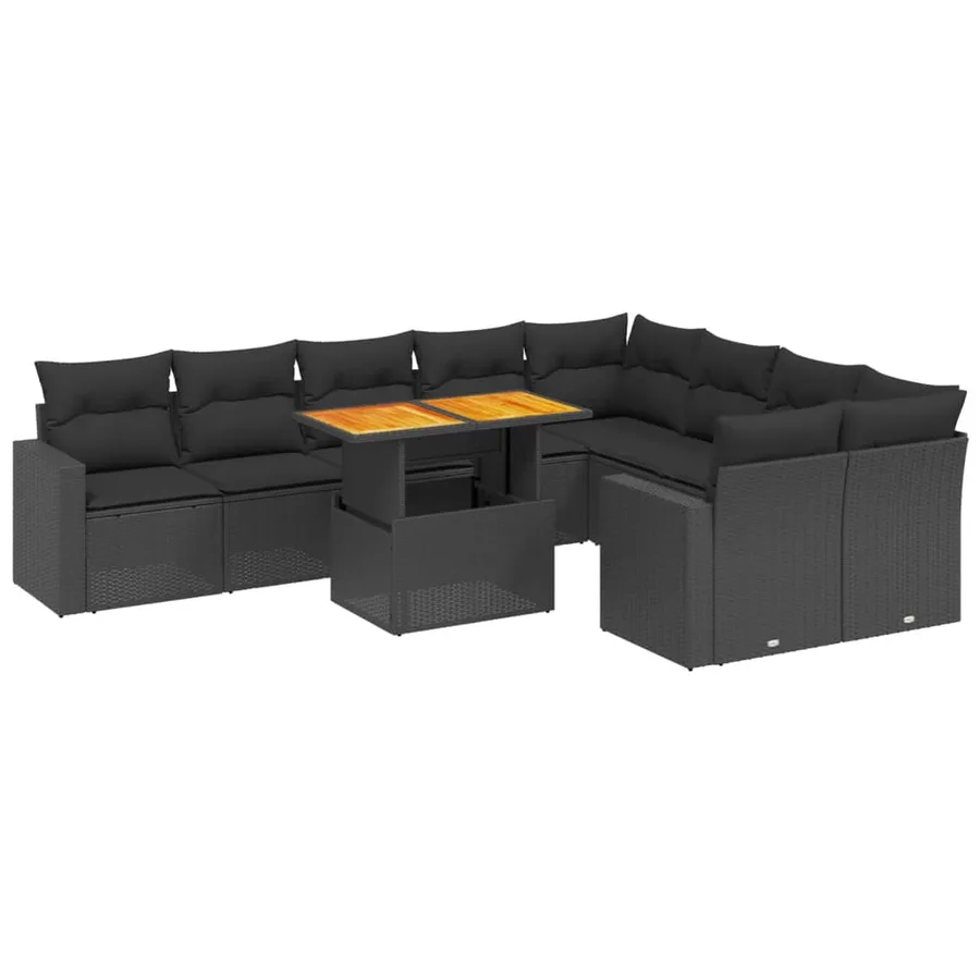 Salon de jardin 10 pcs avec coussins noir résine tressée - 2