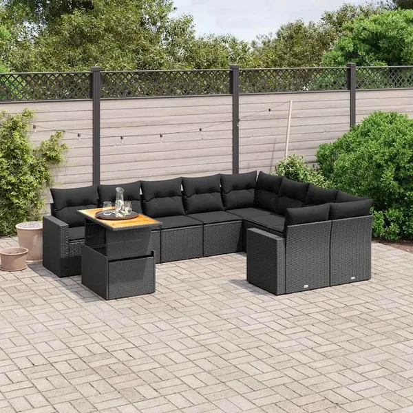 Salon de jardin 10 pcs avec coussins noir résine tressée