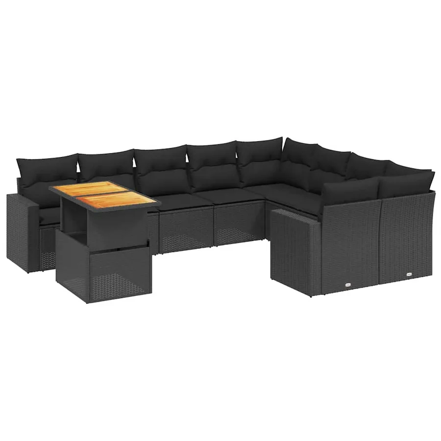 Salon de jardin 10 pcs avec coussins noir résine tressée - 2