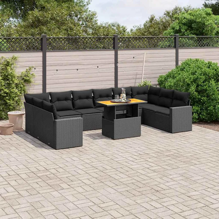 Salon de jardin 11 pcs avec coussins noir résine tressée