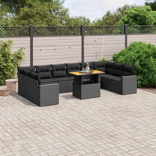 Salon de jardin 11 pcs avec coussins noir résine tressée
