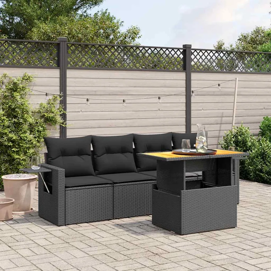 Salon de jardin 5 pcs avec coussins noir résine tressée