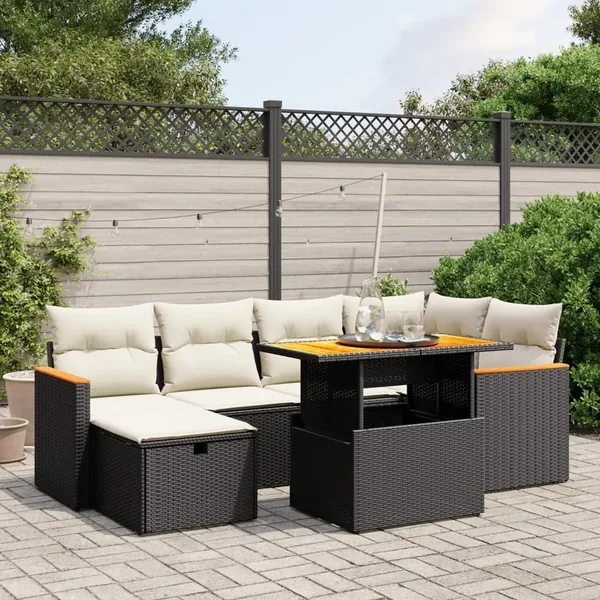 Salon de jardin 7 pcs avec coussins noir résine tressée 55 x 62 x 69 cm - 62,7 kg