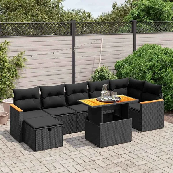 Salon de jardin 8 pcs avec coussins noir résine tressée
