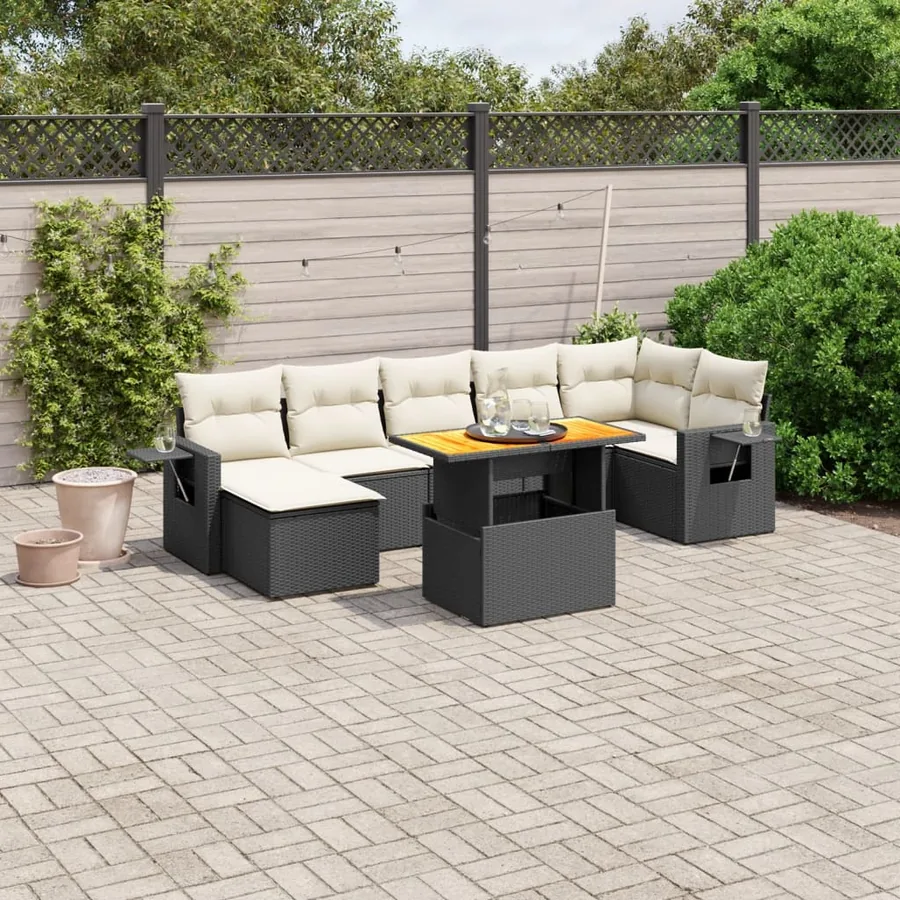 Salon de jardin 8 pcs avec coussins noir résine tressée