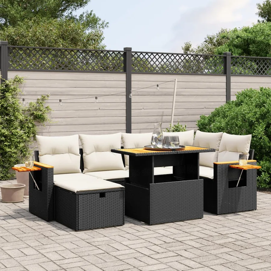 Salon de jardin 7 pcs avec coussins noir résine tressée 55 x 62 x 69 cm - 64,7 kg