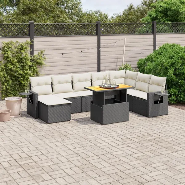 Salon de jardin 9 pcs avec coussins noir résine tressée