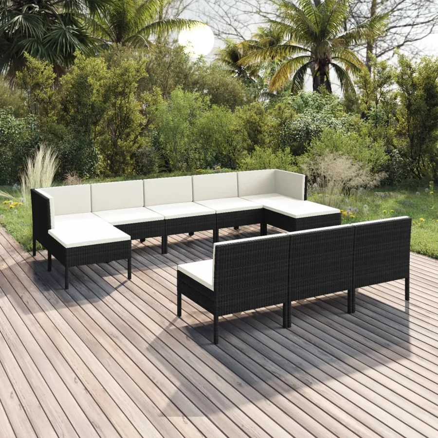 Salon de jardin 10 pcs avec coussins Résine tressée Noir