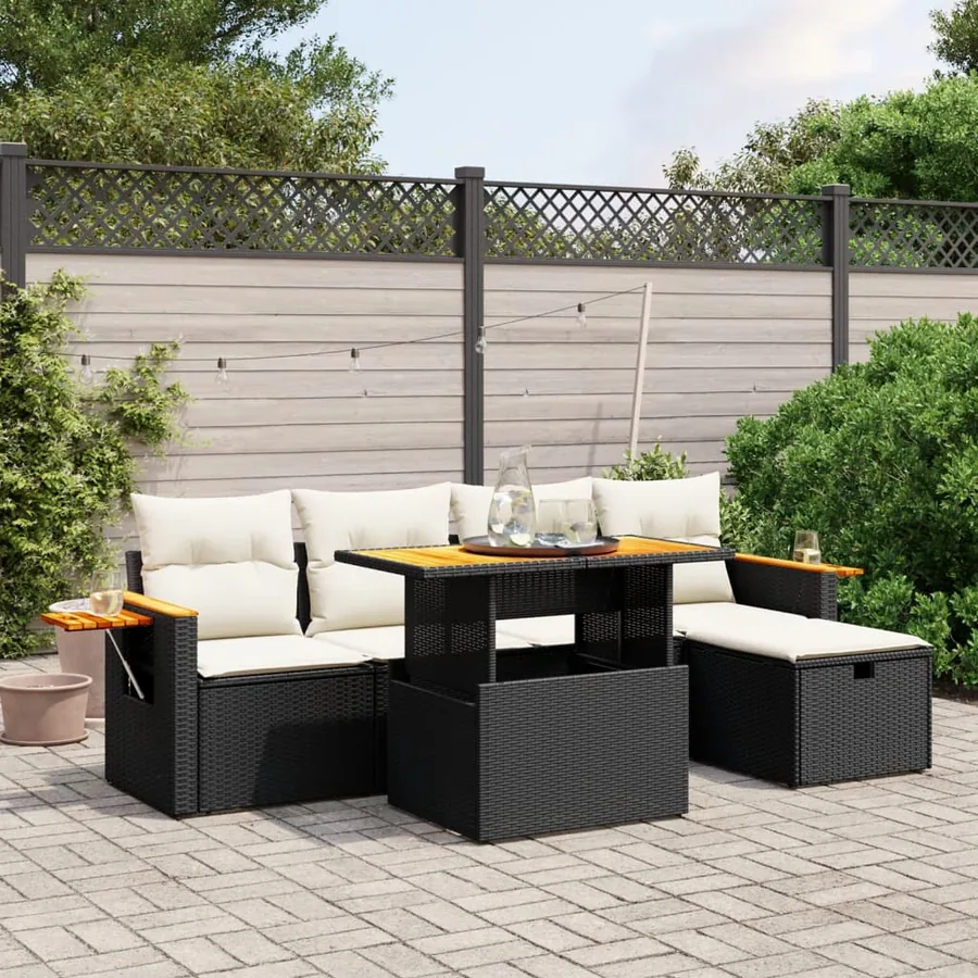 Salon de jardin 6 pcs avec coussins noir résine tressée