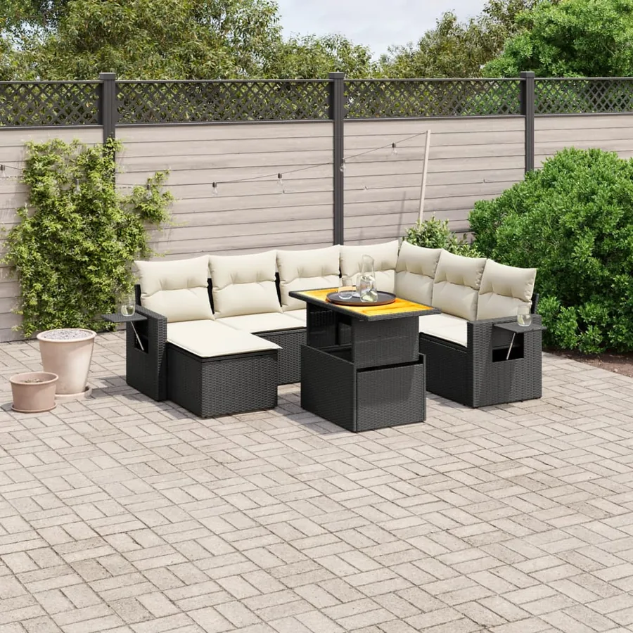 Salon de jardin 8 pcs avec coussins noir résine tressée