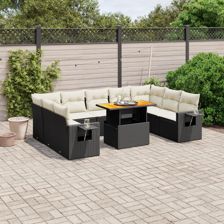 Salon de jardin 10 pcs avec coussins noir résine tressée