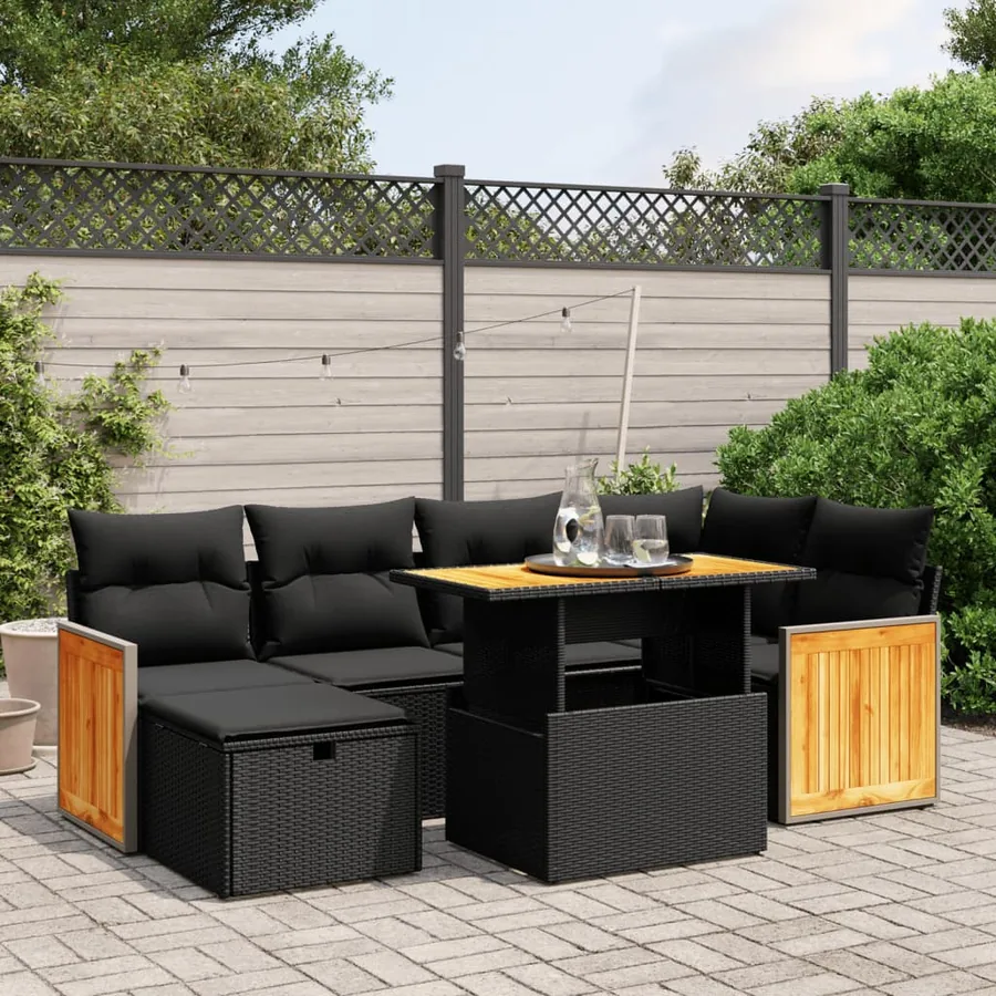 Salon de jardin 7 pcs avec coussins noir résine tressée 55 x 62 x 69 cm - 65,4 kg