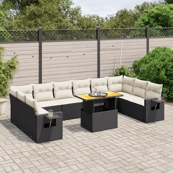 Salon de jardin 11 pcs avec coussins noir résine tressée