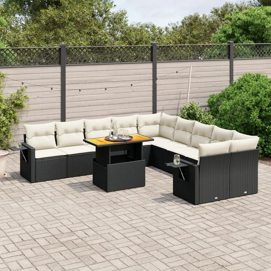 Salon de jardin 11 pcs avec coussins noir résine tressée