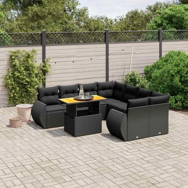 Salon de jardin 9 pcs avec coussins noir résine tressée