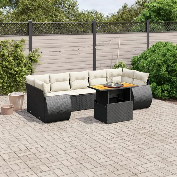 Salon de jardin 8 pcs avec coussins noir résine tressée