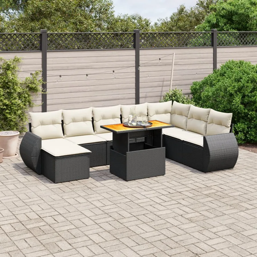 Salon de jardin 9 pcs avec coussins noir résine tressée