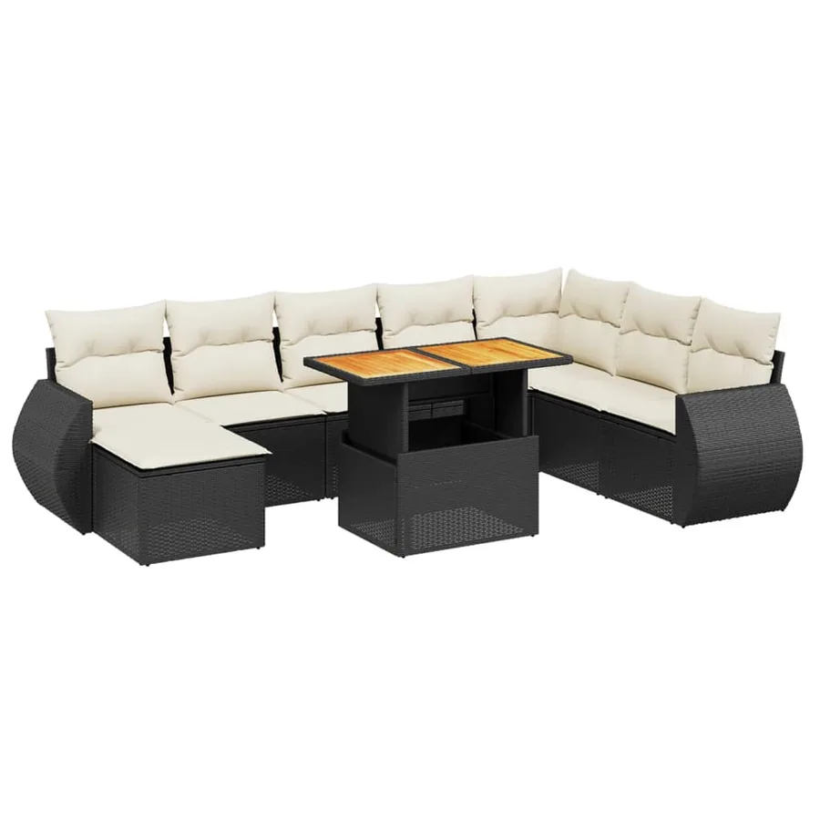 Salon de jardin 9 pcs avec coussins noir résine tressée - 2