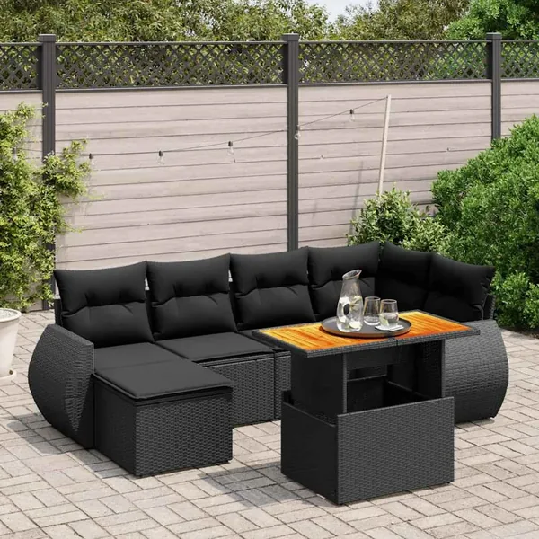 Salon de jardin 7 pcs avec coussins noir résine tressée 62 x 62 x 69 cm - 62,8 kg