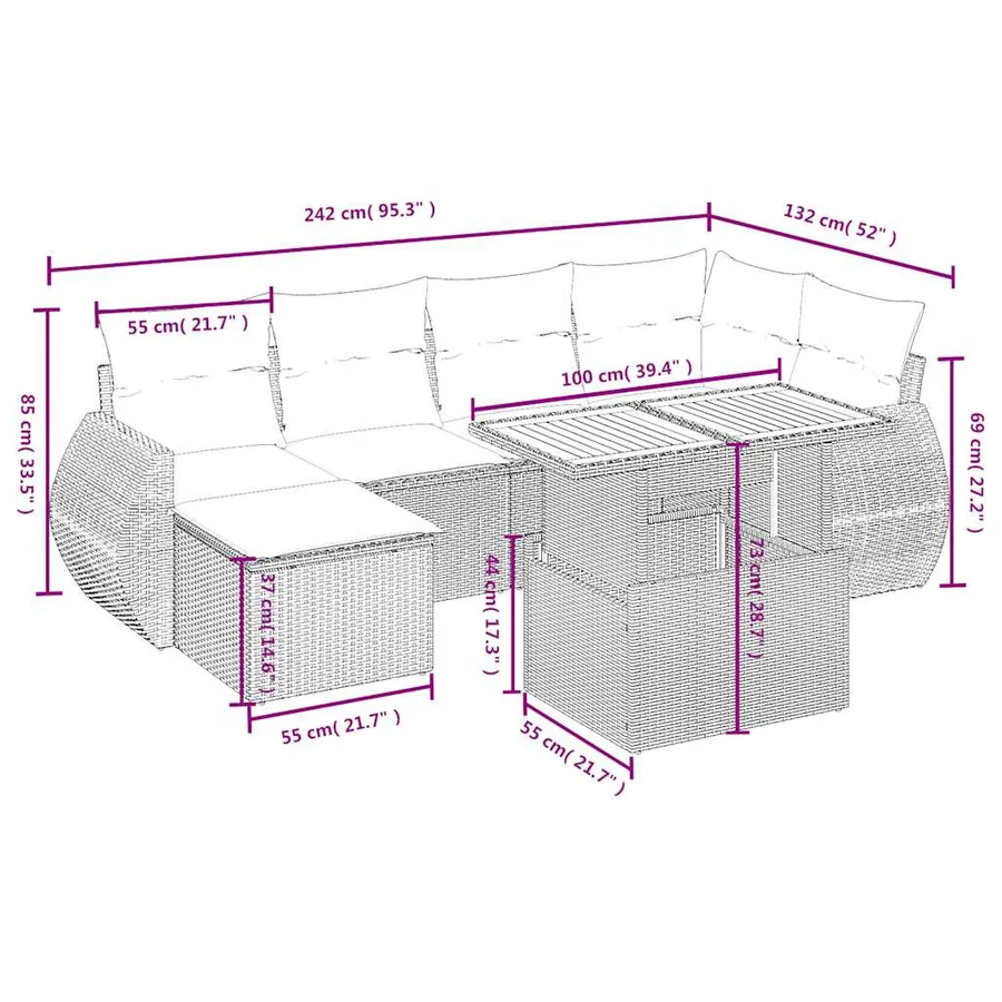 Salon de jardin 7 pcs avec coussins noir résine tressée 62 x 62 x 69 cm - 62,8 kg - 3