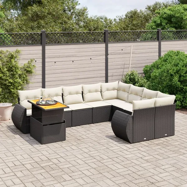 Salon de jardin 10 pcs avec coussins noir résine tressée