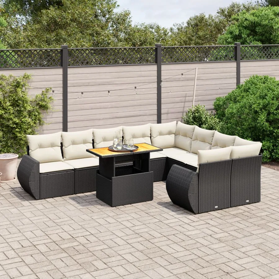 Salon de jardin 10 pcs avec coussins noir résine tressée