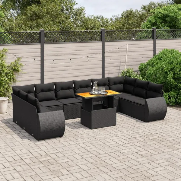 Salon de jardin 11 pcs avec coussins noir résine tressée