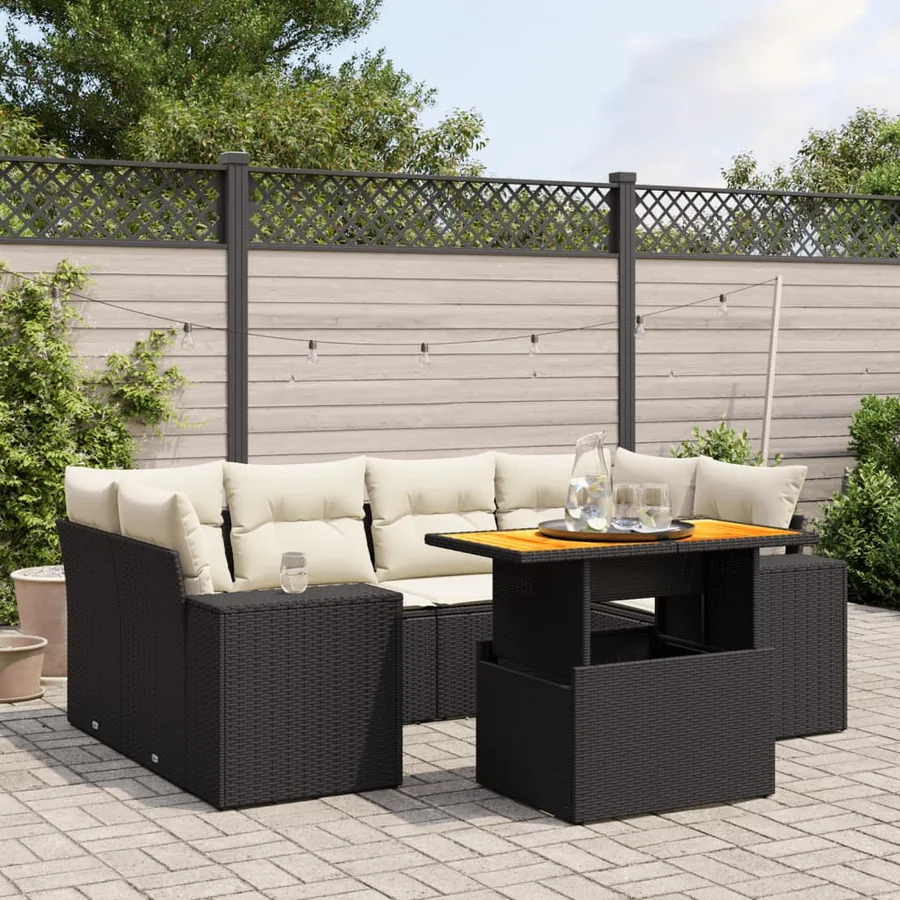 Salon de jardin 7 pcs avec coussins noir résine tressée 62 x 62 x 69 cm - 67,6 kg