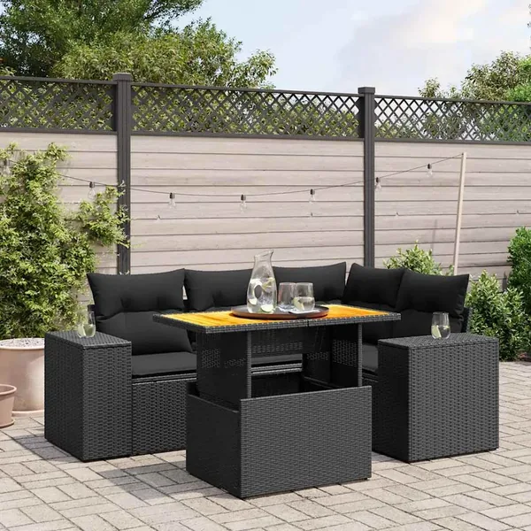 Salon de jardin 5 pcs avec coussins noir résine tressée