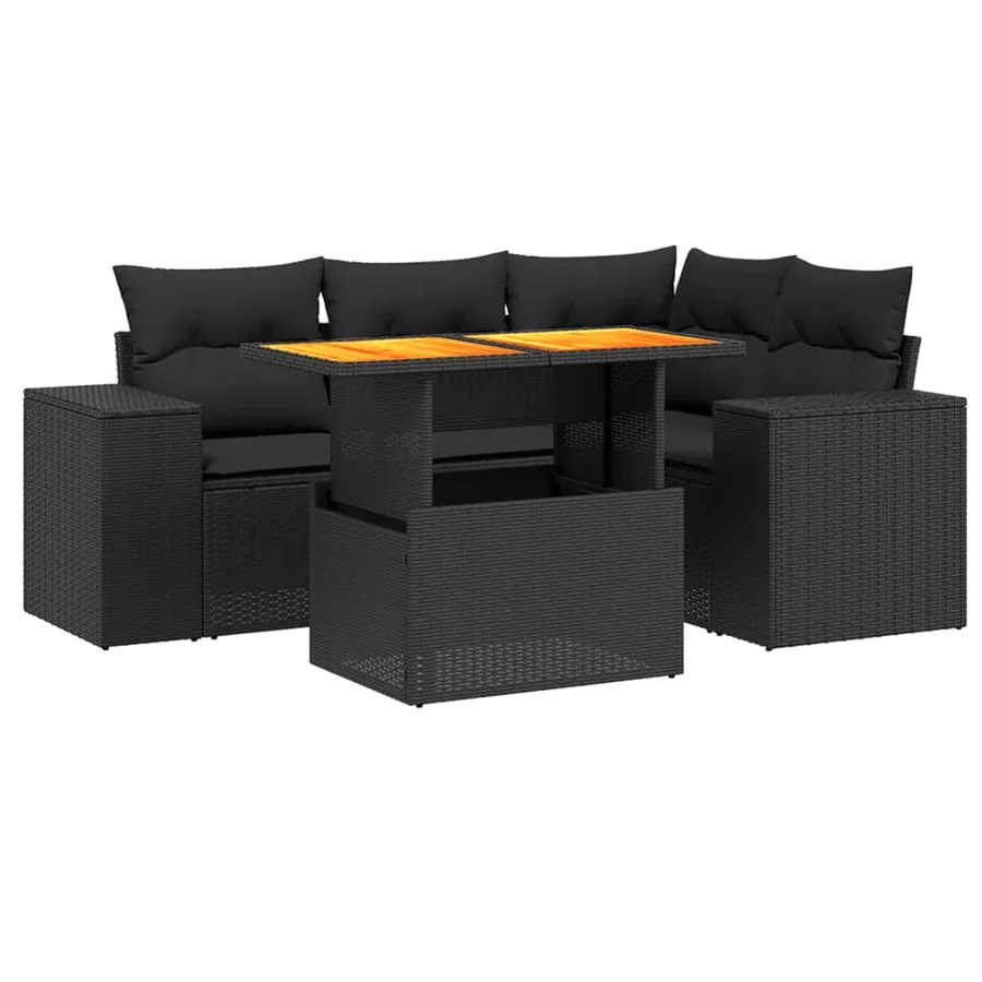 Salon de jardin 5 pcs avec coussins noir résine tressée - 2