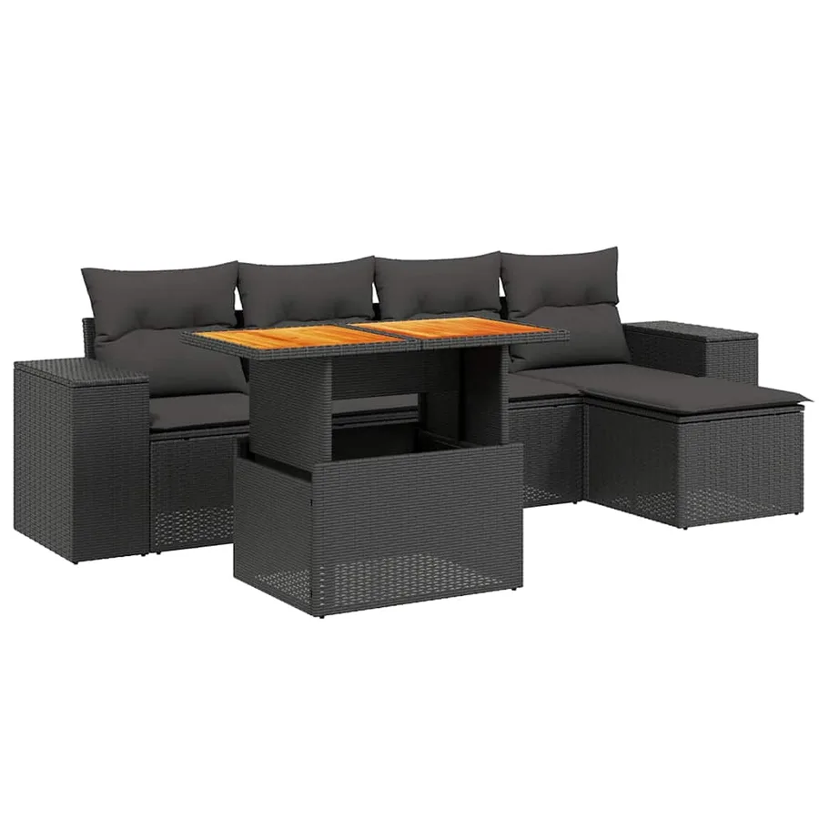 Salon de jardin 6 pcs avec coussins noir résine tressée - 2
