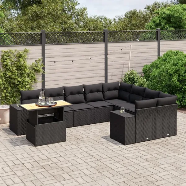 Salon de jardin 10 pcs avec coussins noir résine tressée