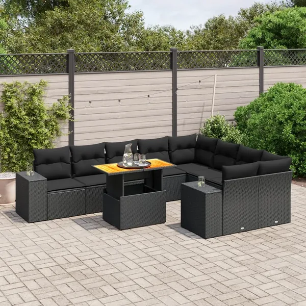 Salon de jardin 10 pcs avec coussins noir résine tressée