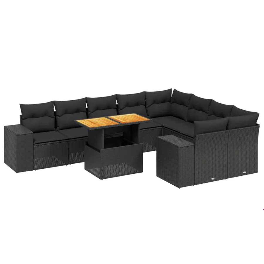 Salon de jardin 10 pcs avec coussins noir résine tressée - 2