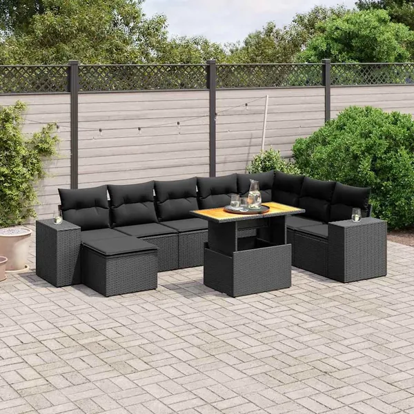 Salon de jardin 9 pcs avec coussins noir résine tressée