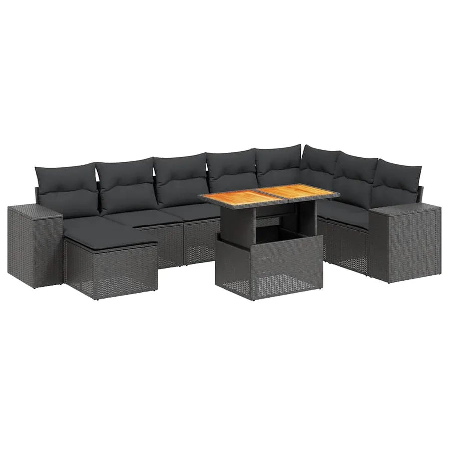Salon de jardin 9 pcs avec coussins noir résine tressée - 2