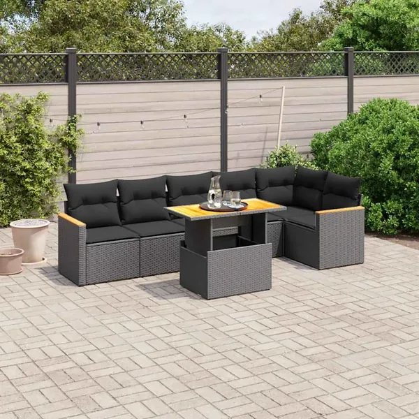 Salon de jardin 7 pcs avec coussins noir résine tressée 62 x 62 x 69 cm - 61,9 kg