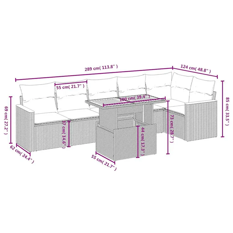Salon de jardin 7 pcs avec coussins noir résine tressée 62 x 62 x 69 cm - 61,9 kg - 3