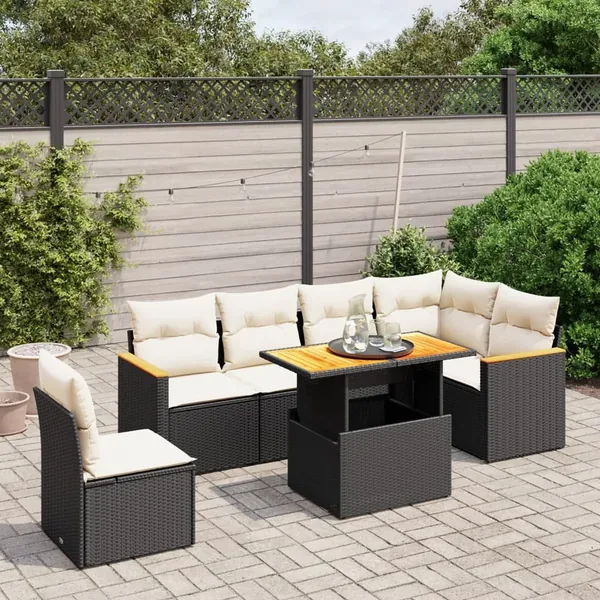 Salon de jardin 7 pcs avec coussins noir résine tressée 62 x 62 x 69 cm - 62,2 kg