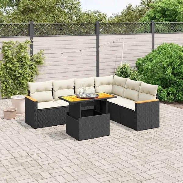 Salon de jardin 7 pcs avec coussins noir résine tressée 62 x 62 x 69 cm - 62,2 kg