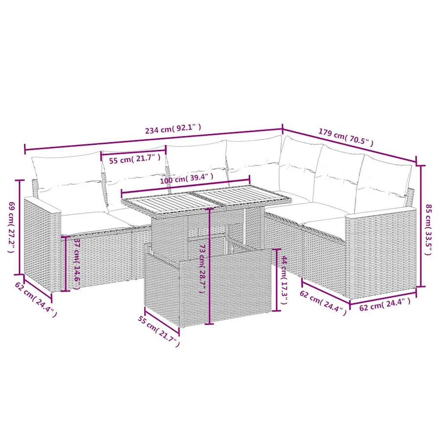 Salon de jardin 7 pcs avec coussins noir résine tressée 62 x 62 x 69 cm - 62,2 kg - 3