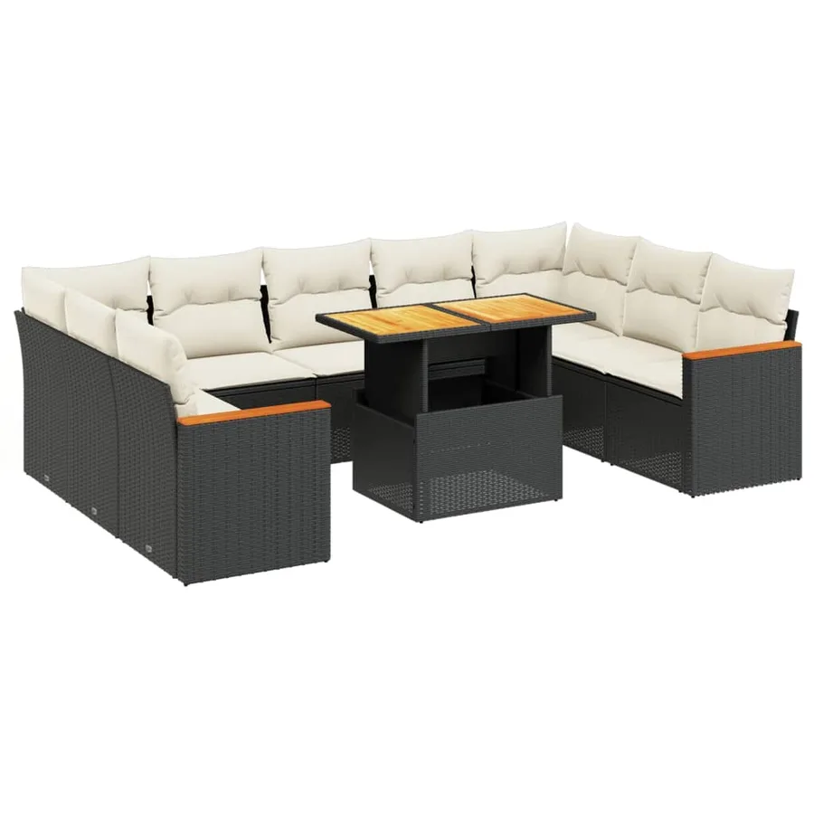 Salon de jardin 10 pcs avec coussins noir résine tressée - 2