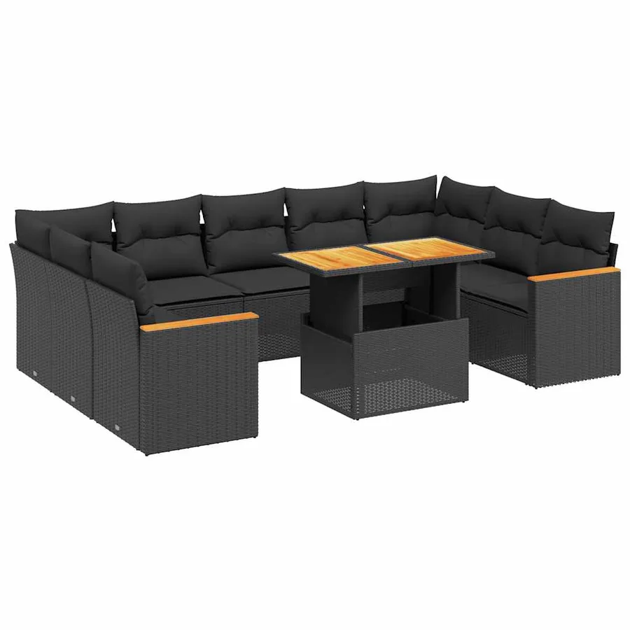 Salon de jardin 11 pcs avec coussins noir résine tressée - 2