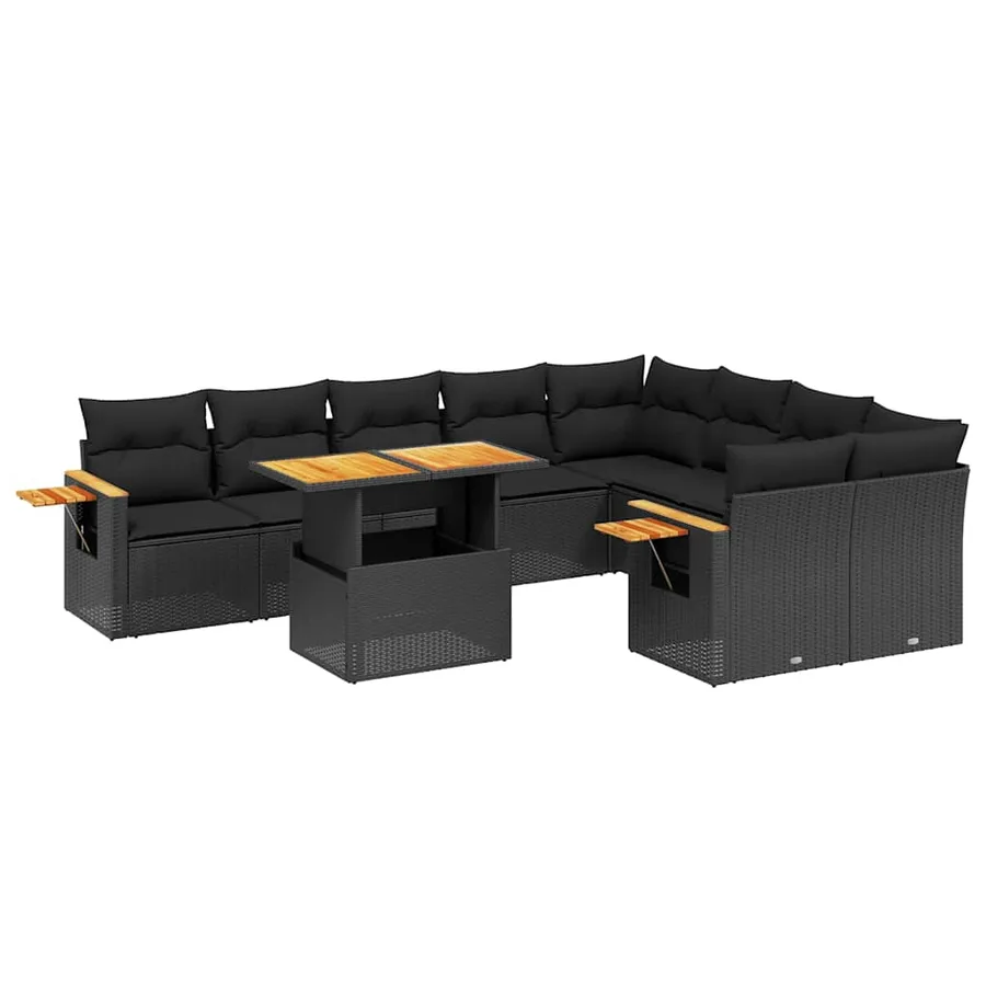 Salon de jardin 10 pcs avec coussins noir résine tressée - 2